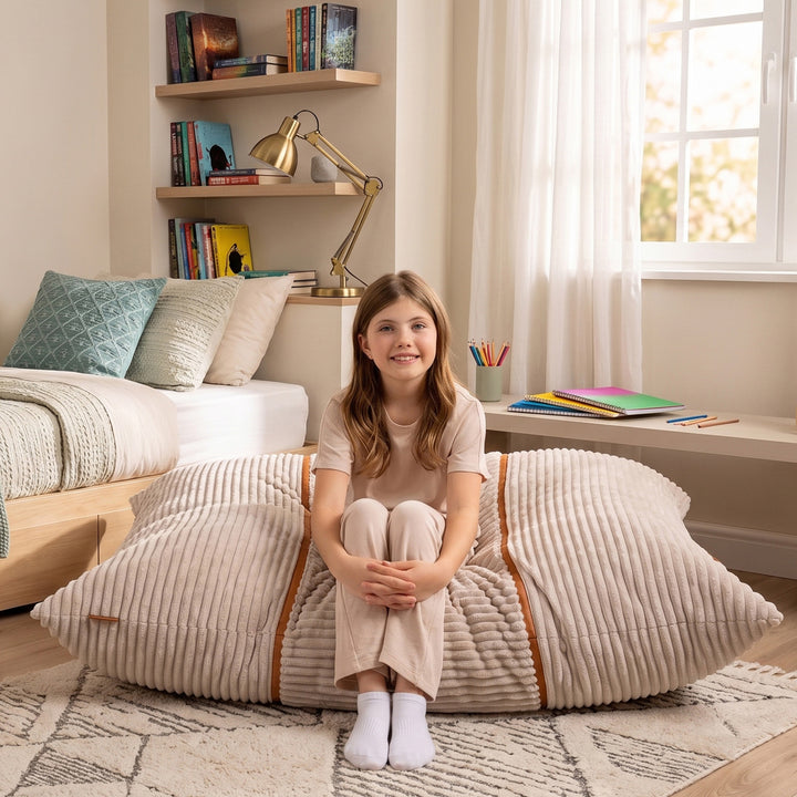 A young girl sits smiling on a large ribbed beige floor cushion in a bright, modern bedroom. The room features light wood flooring, a bed with teal and cream pillows, wall shelves with books and a gold desk lamp, and a window with white curtains. 
