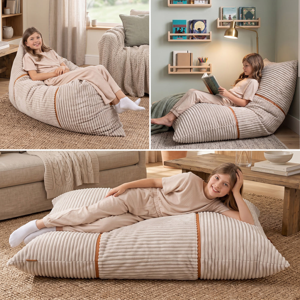 Three-panel lifestyle collage showing a young girl wearing beige loungewear while reclining on a large ribbed floor bean bag chair in a cozy living room. The bean bag has brown leather-like trim accents and is shown in different settings: on its own, angled in a corner, and with the child lying on it. #color_vanilla-latte-corded-plush