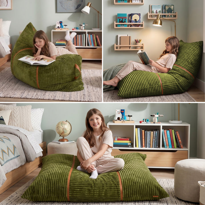 Three-panel lifestyle collage showing a girl lounging on and sitting on an oversized olive green corduroy bean bag chair in a styled bedroom setting. 