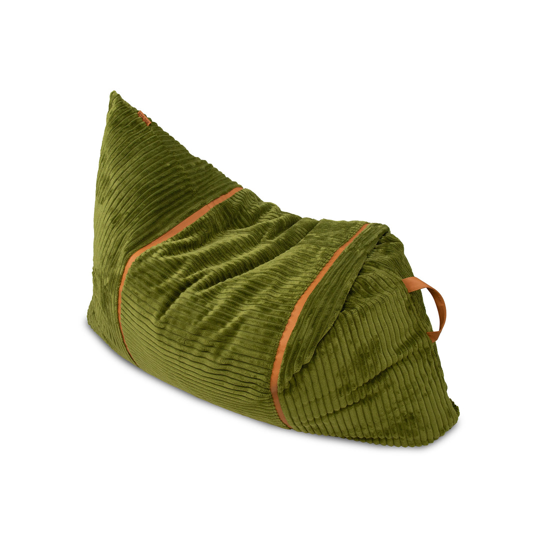 An olive green corduroy bean bag chair with tan trim and a matching carry handle, shown on a solid white background. 