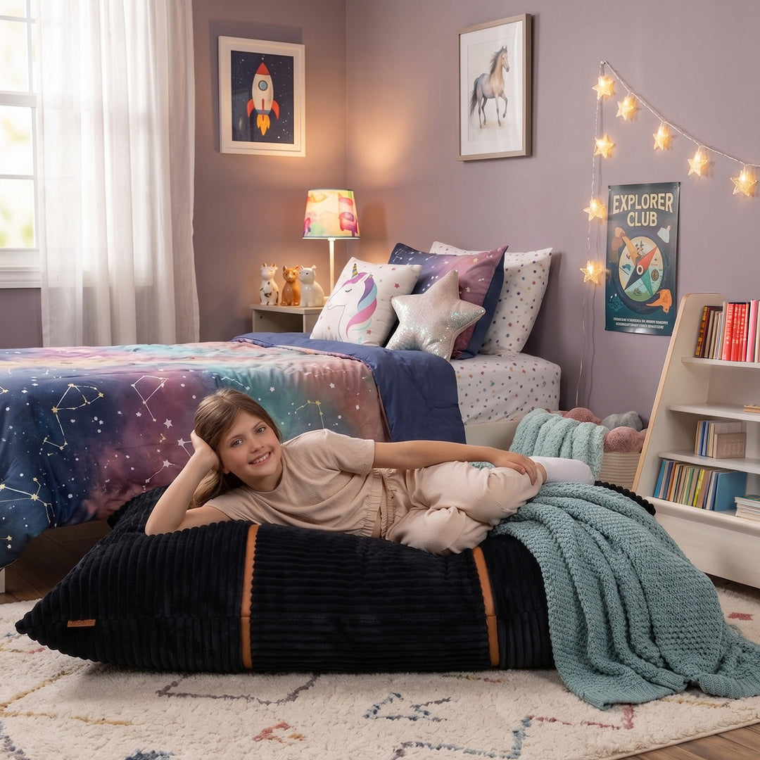 A child reclines on a large dark ribbed bean bag chair in a styled bedroom. The room features a bed with a galaxy-print comforter, pastel pillows, warm string lights, a small bookshelf, and framed wall art. 