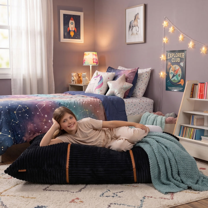 A child reclines on a large dark ribbed bean bag chair in a styled bedroom. The room features a bed with a galaxy-print comforter, pastel pillows, warm string lights, a small bookshelf, and framed wall art. 