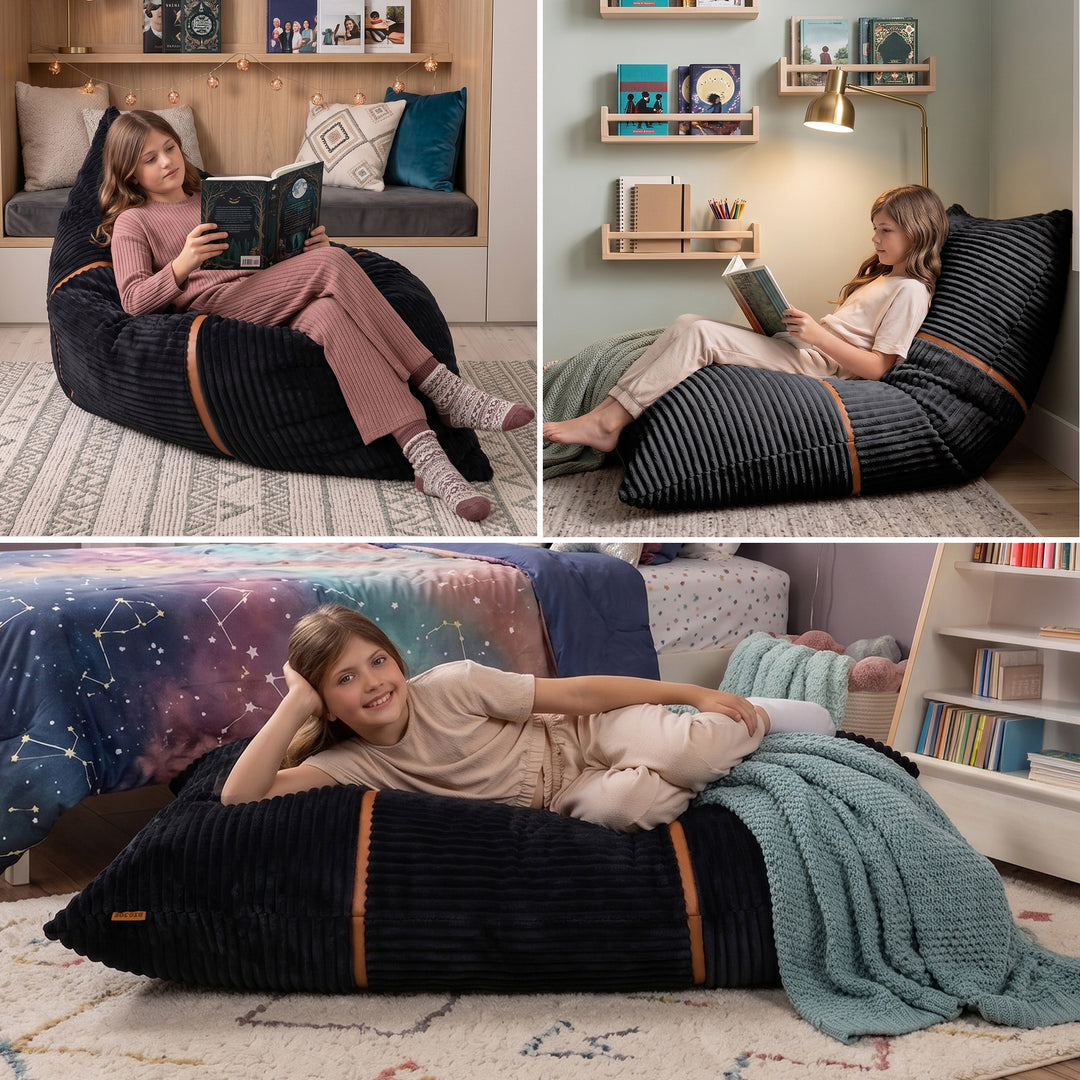 Three-panel collage showing a child reclining on a large striped black bean bag chair in different home settings: on a sofa reading, in a room corner reading, and on the floor reading with a blanket draped over it. 