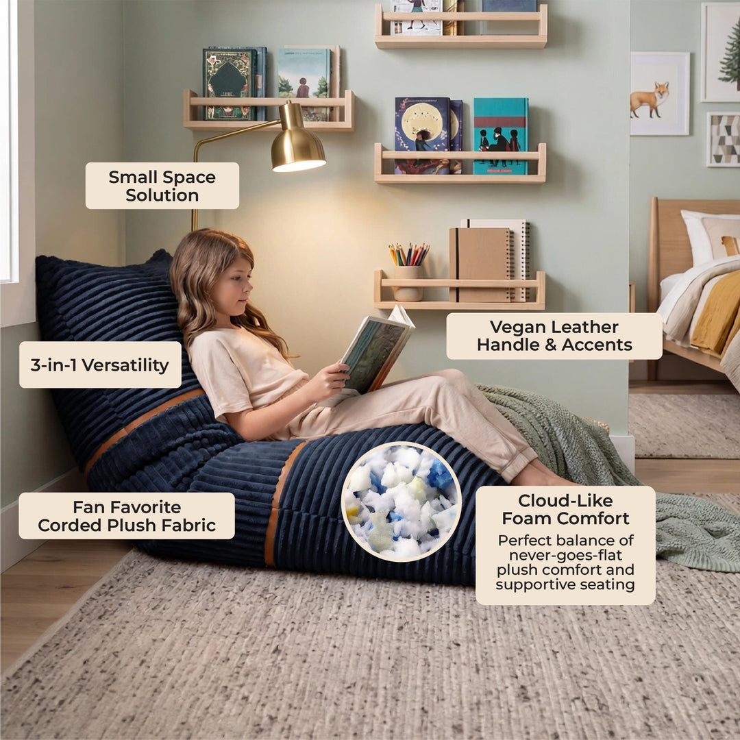 A child sits on a large navy bean bag chair in a styled bedroom setting, reading a book. The image includes multiple text callouts highlighting product features such as &