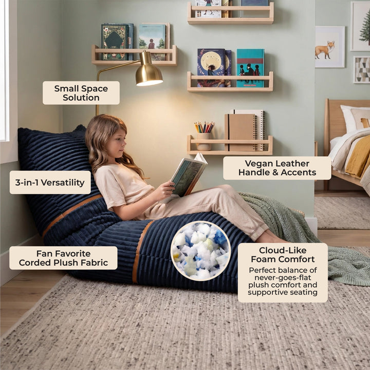 A child sits on a large navy bean bag chair in a styled bedroom setting, reading a book. The image includes multiple text callouts highlighting product features such as &