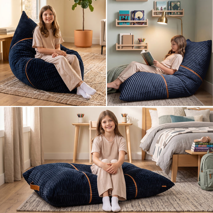 A three-panel collage showing a girl wearing a beige pajama set while sitting on a large, ribbed navy blue bean bag chair in different bedroom and living room settings. 