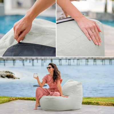 Collage of a person interacting with a bean bag chair by a pool and a woman sitting on a bean bag by a waterfront. #color_sunday-gray-outdoor-performance-linen