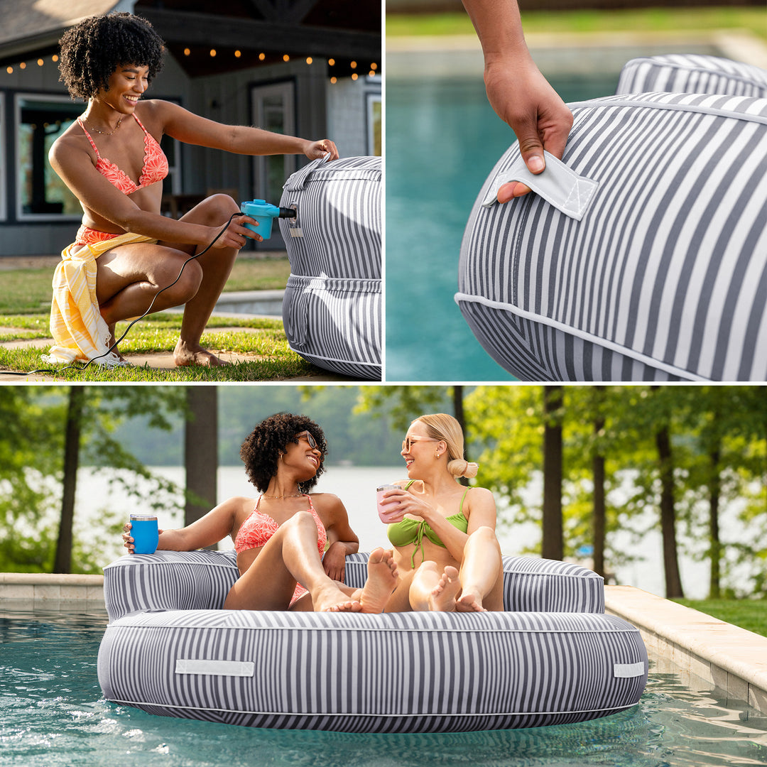 Collage of a woman using a portable inflatable lounger by a pool. #color_shoreline-gray-stripe-olefin