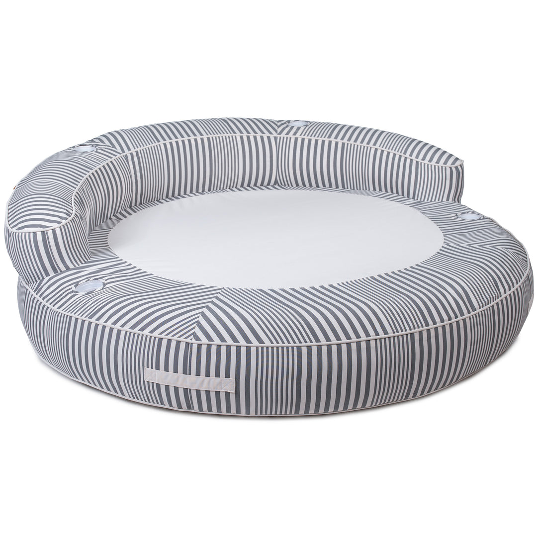 Round inflatable pool float with striped pattern on a white background #color_shoreline-gray-stripe-olefin