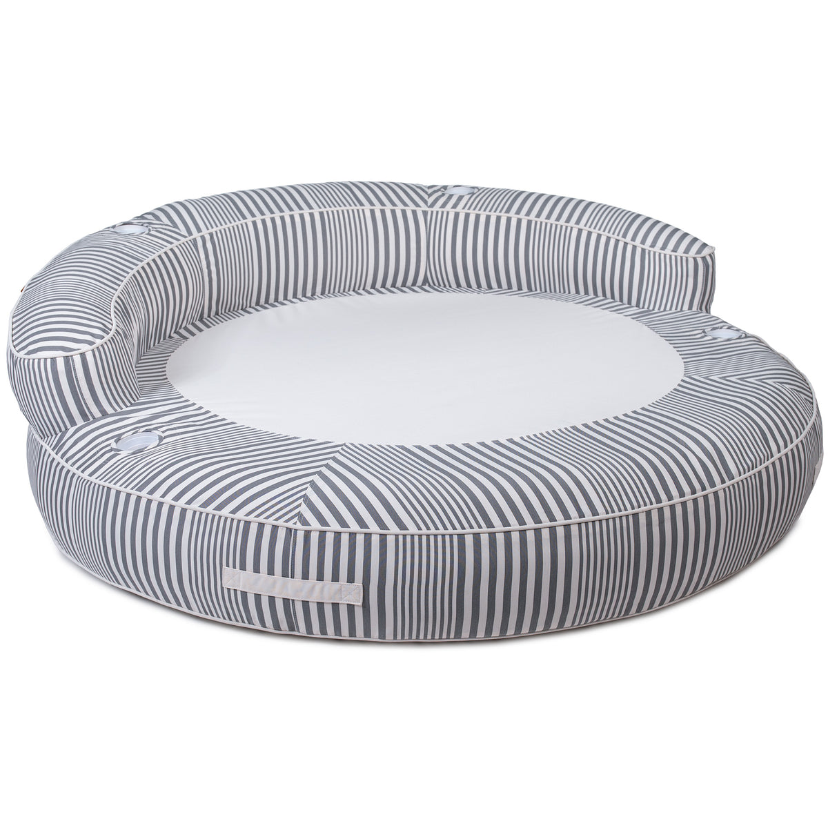Round inflatable pool float with striped pattern on a white background 