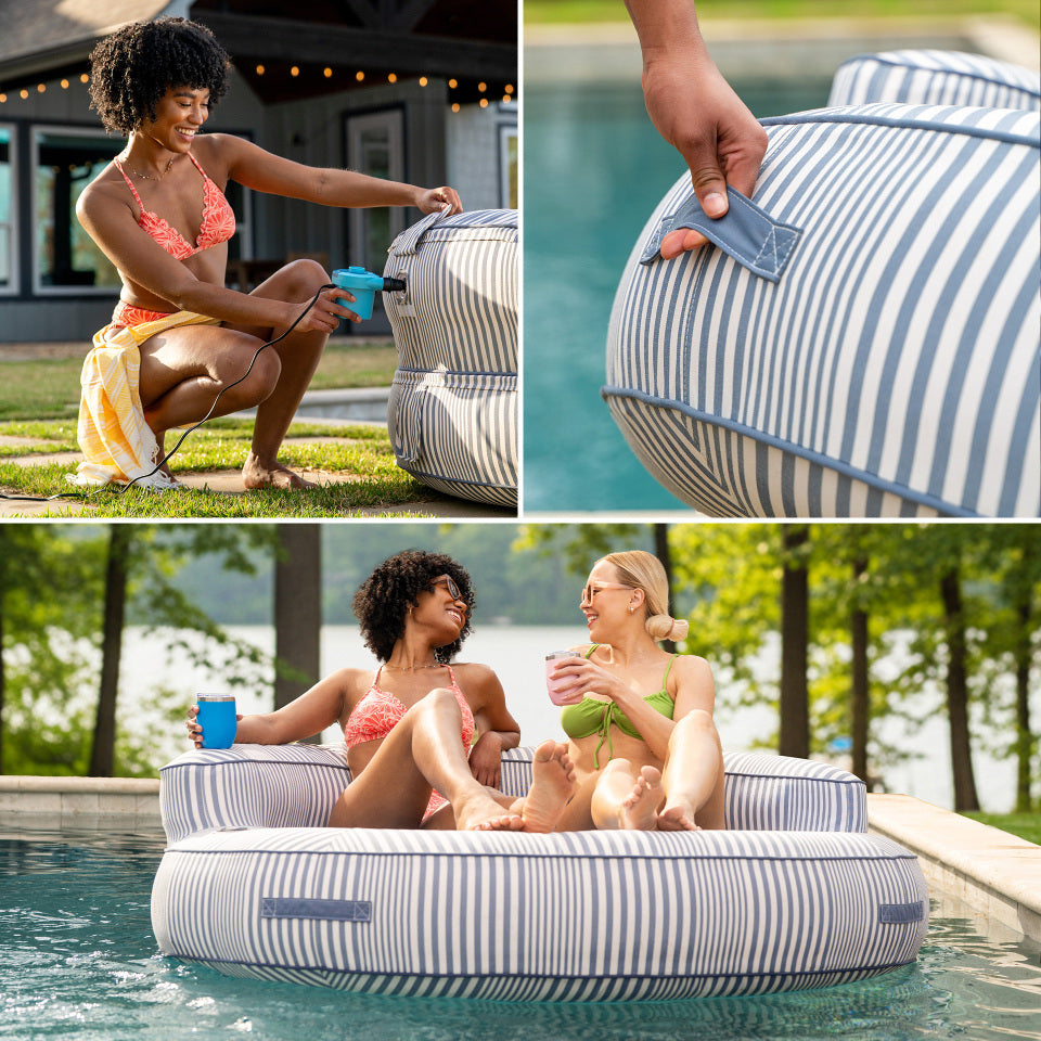 Collage of a striped inflatable pool float being used by people by a pool and on grass. #color_weekend-navy-stripe-olefin