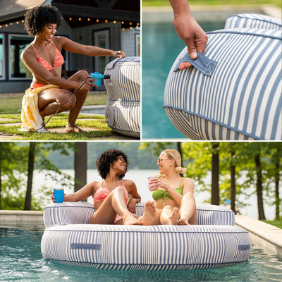 Collage of a striped inflatable pool float being used by people by a pool and on grass. 
