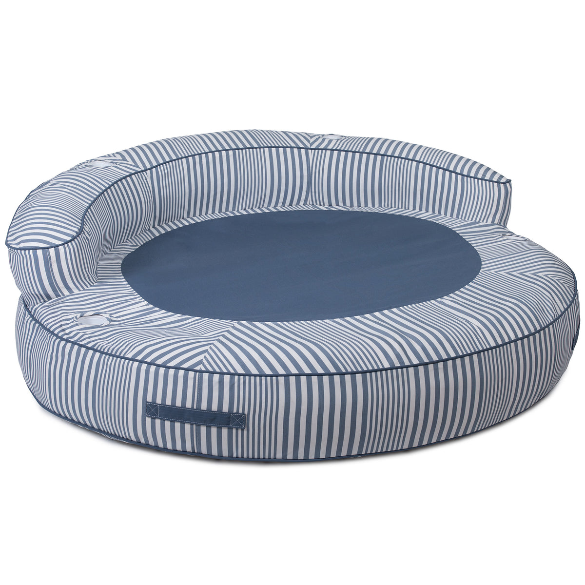 Round pet bed with blue and white striped pattern on a white background 