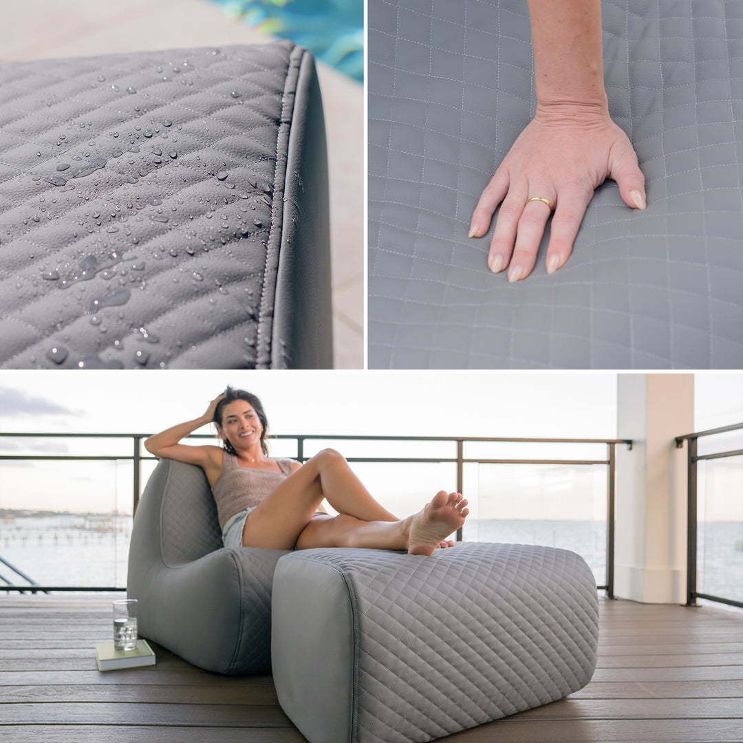 Gray quilted fabric with water droplets, hand touch test, and person sitting on a gray chair. #color_moonlit-gray-outdoor-vegan-leather