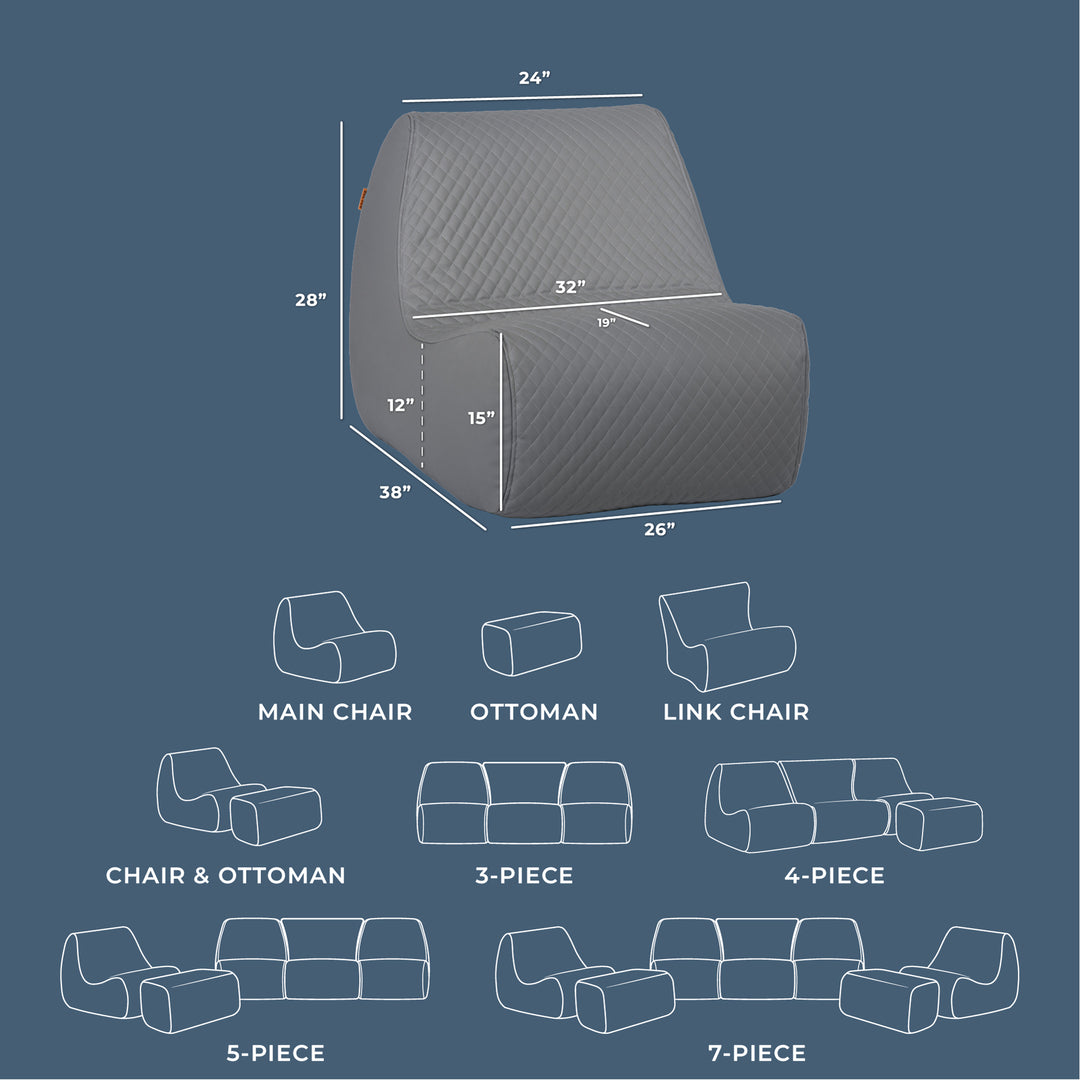 Gray chair with dimensions on a blue background, showing different furniture pieces and their configurations. #color_moonlit-gray-outdoor-vegan-leather