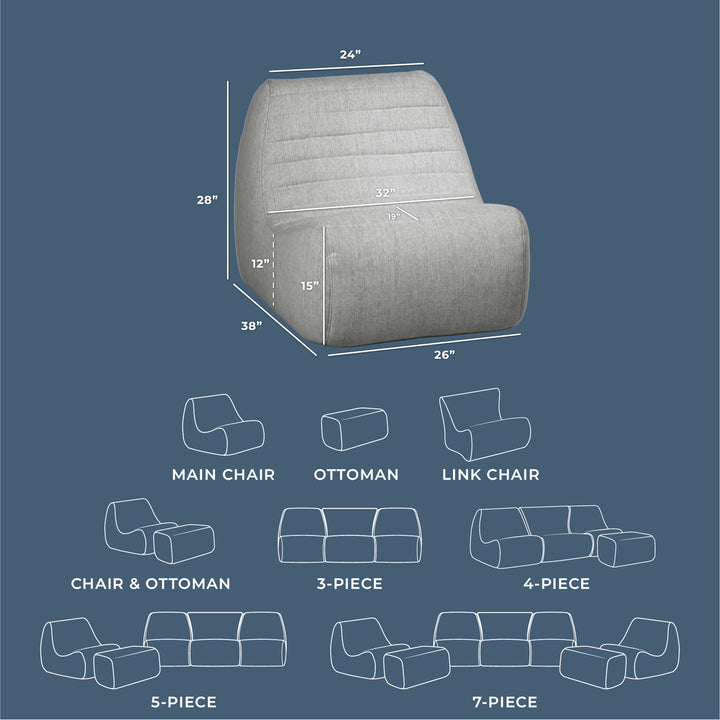 Gray sofa with dimensions and layout diagrams on a blue background #color_port-gray-outdoor-performance-linen