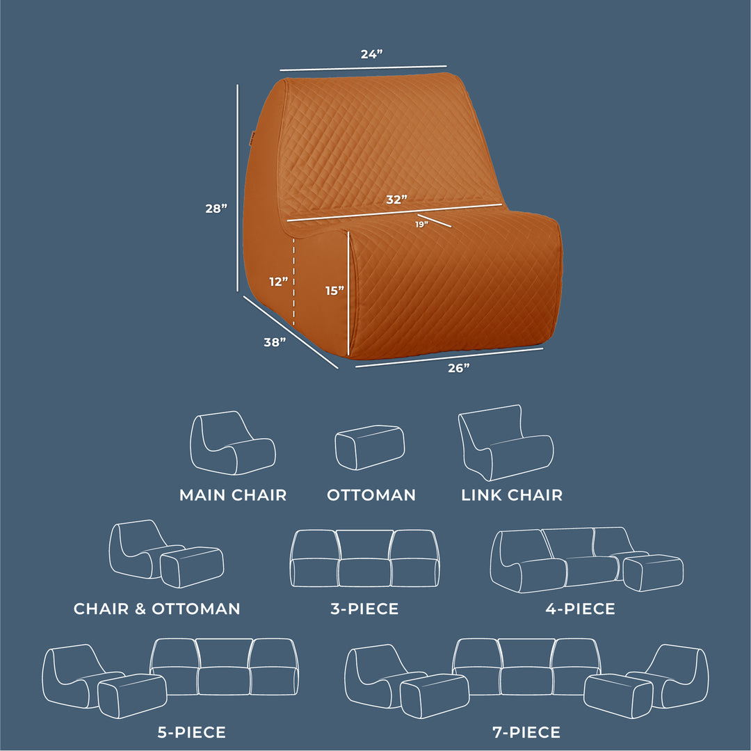 Measurement chart of a brown armchair with dimensions and layout diagrams on a blue background #color_honey-sand-outdoor-vegan-leather