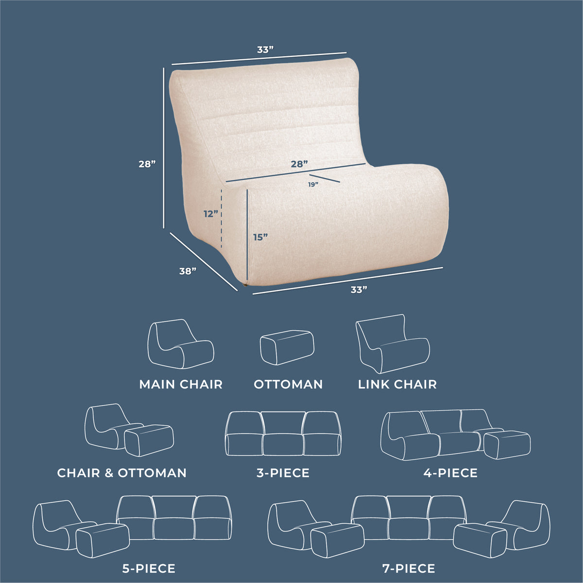 Beige armchair with dimensions and layout diagrams on a blue background 