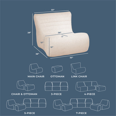 Beige armchair with dimensions and layout diagrams on a blue background 
