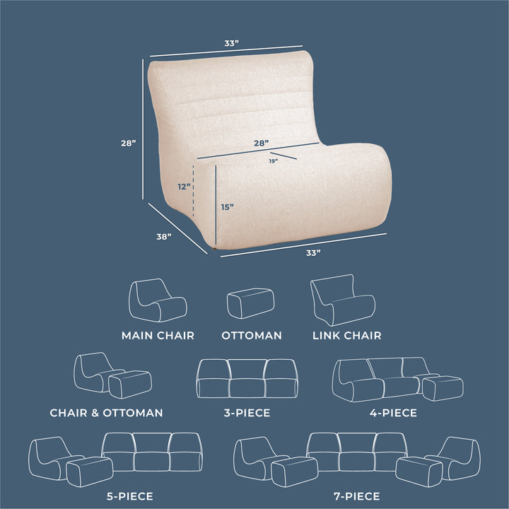 Beige armchair with dimensions and layout diagrams on a blue background #color_sunlit-cream-outdoor-performance-linen