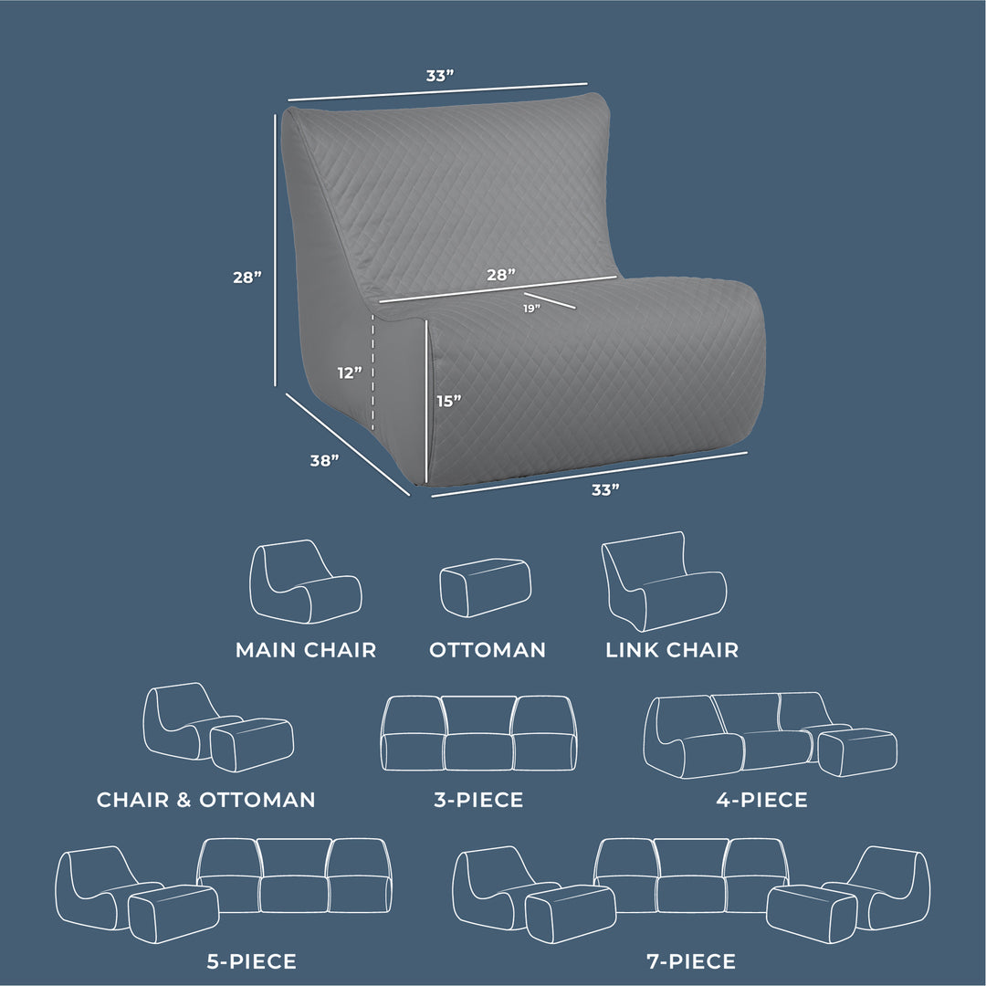 Gray armchair with dimensions and layout diagrams on a blue background #color_moonlit-gray-outdoor-vegan-leather