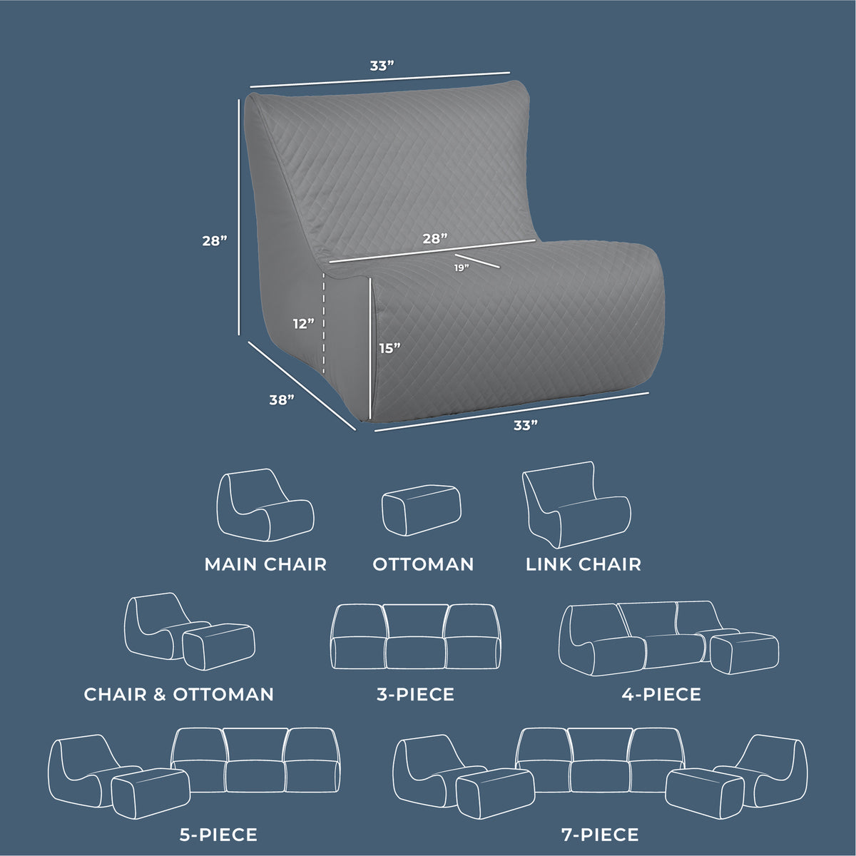 Gray armchair with dimensions and layout diagrams on a blue background 