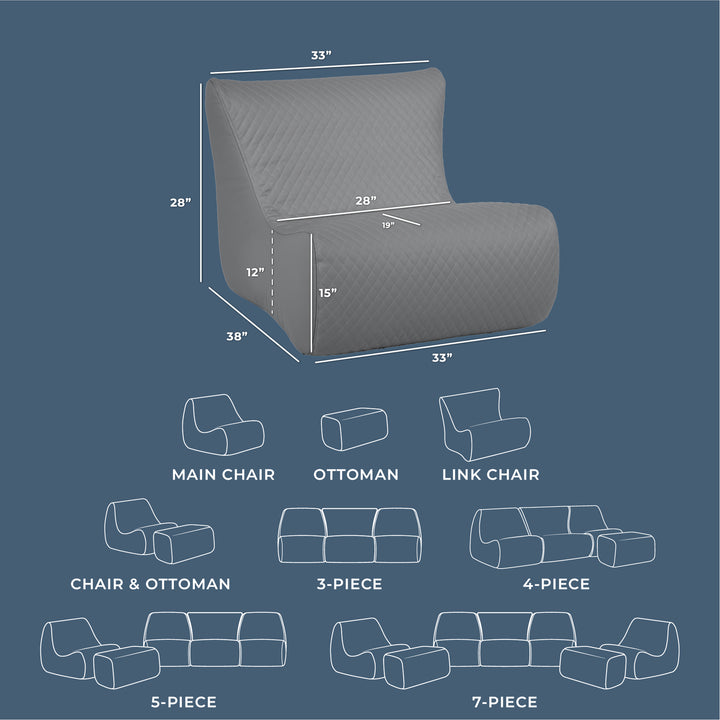 Gray armchair with dimensions and layout diagrams on a blue background #color_moonlit-gray-outdoor-vegan-leather