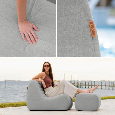 Collage of a gray patio lounge chair with a person sitting on it by a body of water, close-up of the fabric texture. 