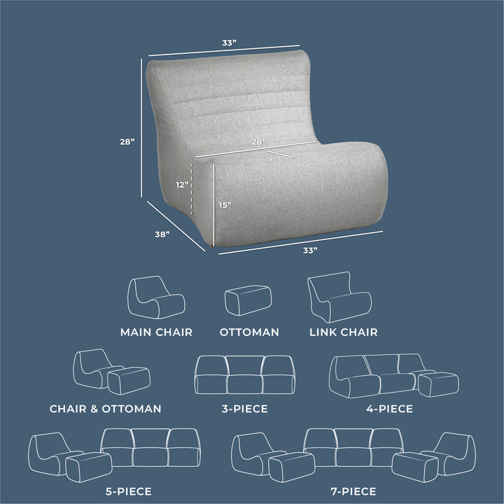 Gray armchair with dimensions and layout options on a blue background #color_port-gray-outdoor-performance-linen
