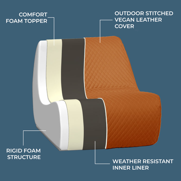 Chair cover with labeled components on a blue background #color_honey-sand-outdoor-vegan-leather