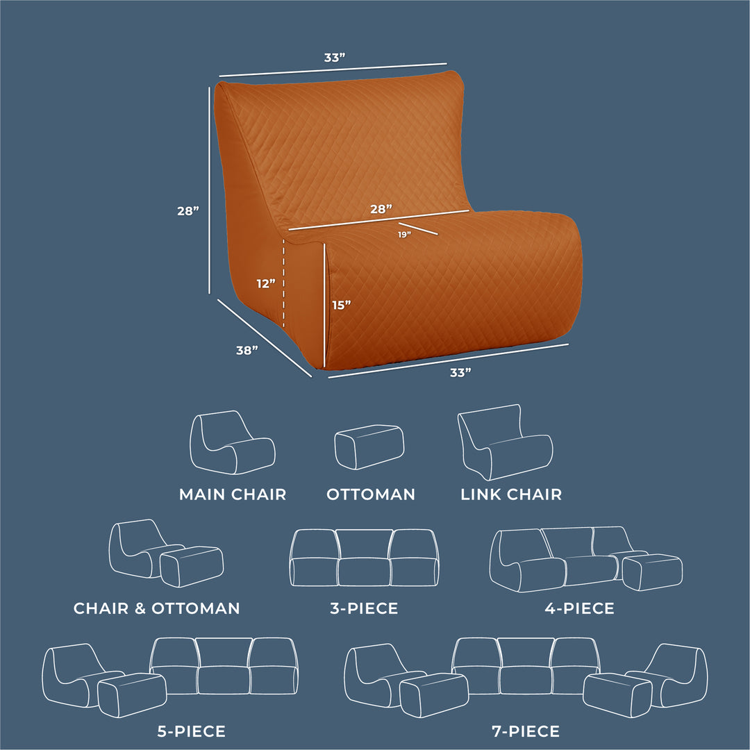 Orange sectional sofa with dimensions and layout diagrams on a blue background #color_honey-sand-outdoor-vegan-leather