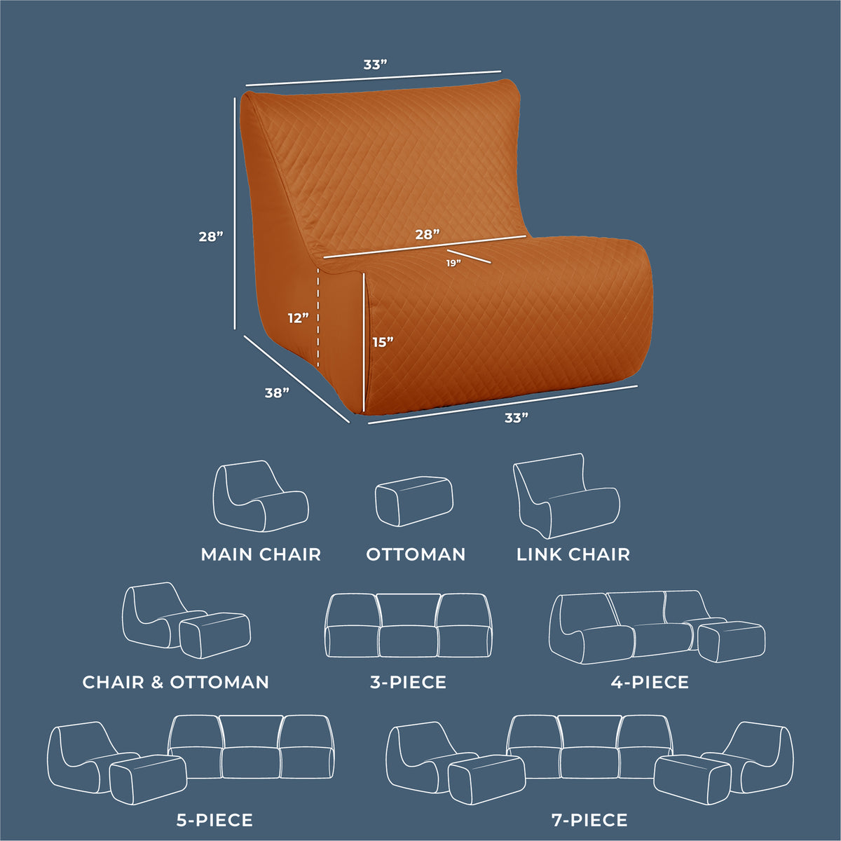 Orange sectional sofa with dimensions and layout diagrams on a blue background 