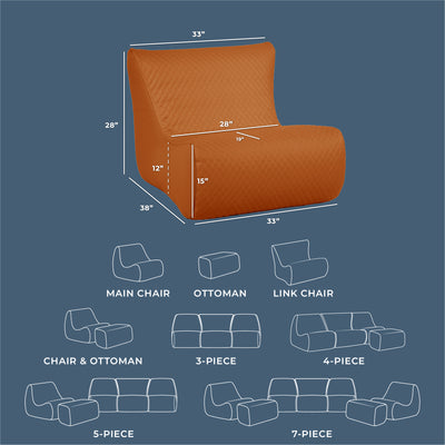 Orange sectional sofa with dimensions and layout diagrams on a blue background 
