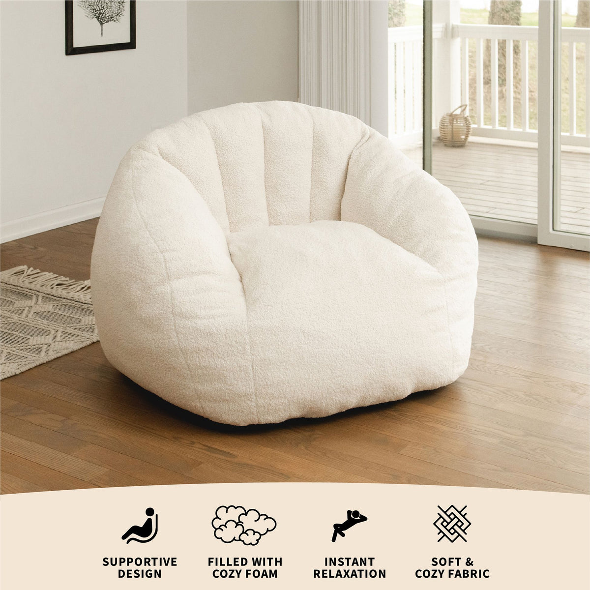 Cloudberry lounge chair for adults in the living room with feature descriptions 