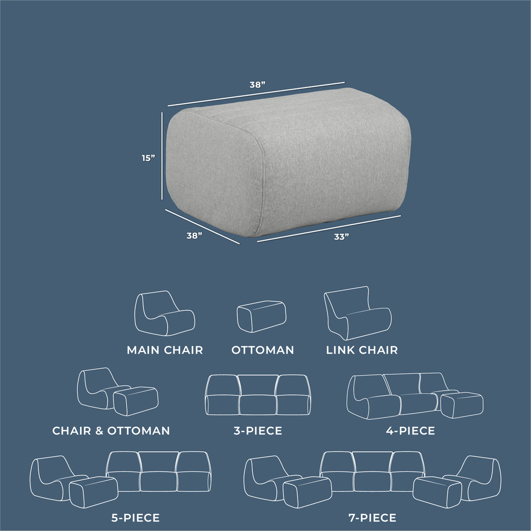 Gray ottoman with dimensions and layout diagrams of a furniture set on a blue background #color_port-gray-outdoor-performance-linen