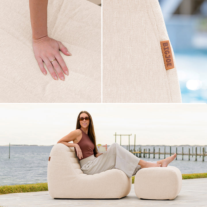 Collage of a beige chair with a person sitting on it by a waterfront. #color_sunlit-cream-outdoor-performance-linen
