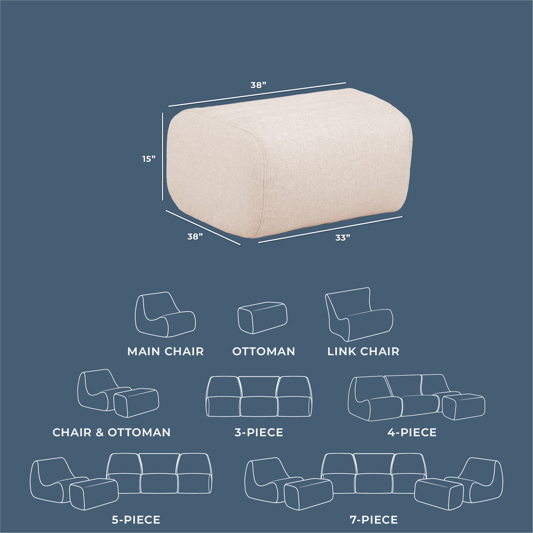 Dimensions and assembly diagram of a beige sofa set on a blue background #color_sunlit-cream-outdoor-performance-linen