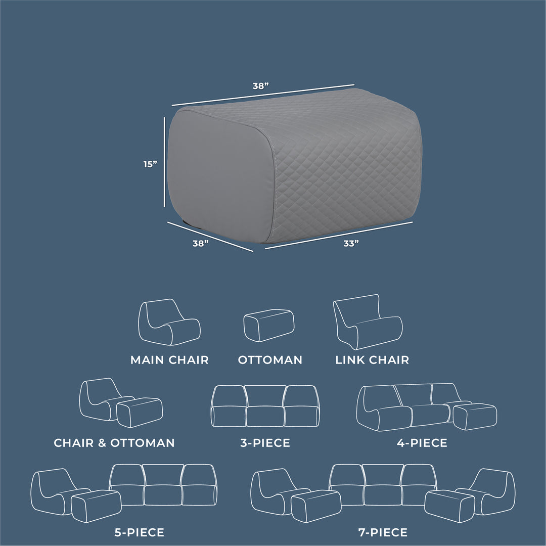 Gray ottoman with dimensions and layout diagrams of a furniture set on a blue background #color_moonlit-gray-outdoor-vegan-leather