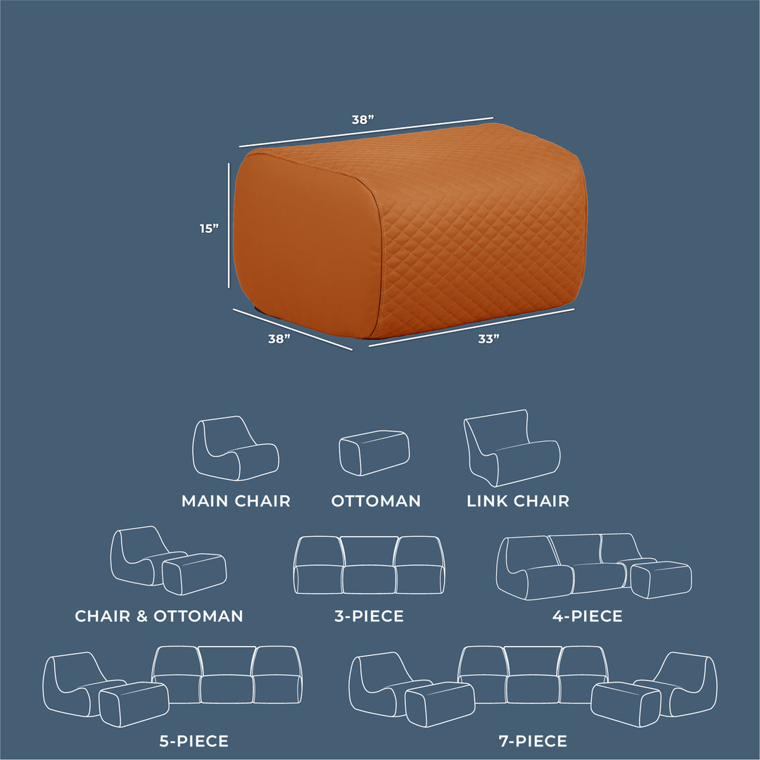 Orange ottoman with dimensions on a blue background, accompanied by line drawings of different furniture pieces and their configurations. #color_honey-sand-outdoor-vegan-leather