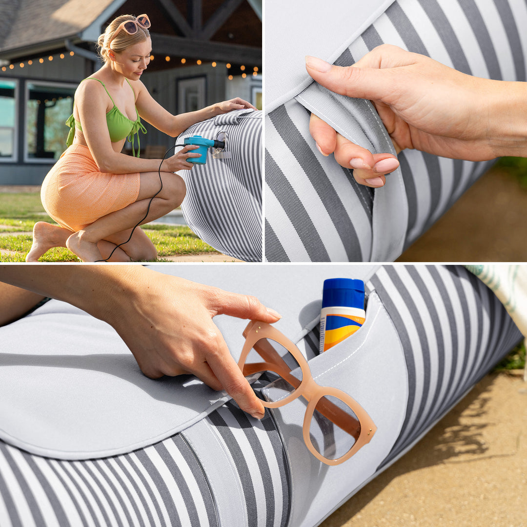 Woman setting up a striped outdoor mat with a cup and sunglasses, close-up of hands interacting with the mat. #color_shoreline-gray-stripe-olefin