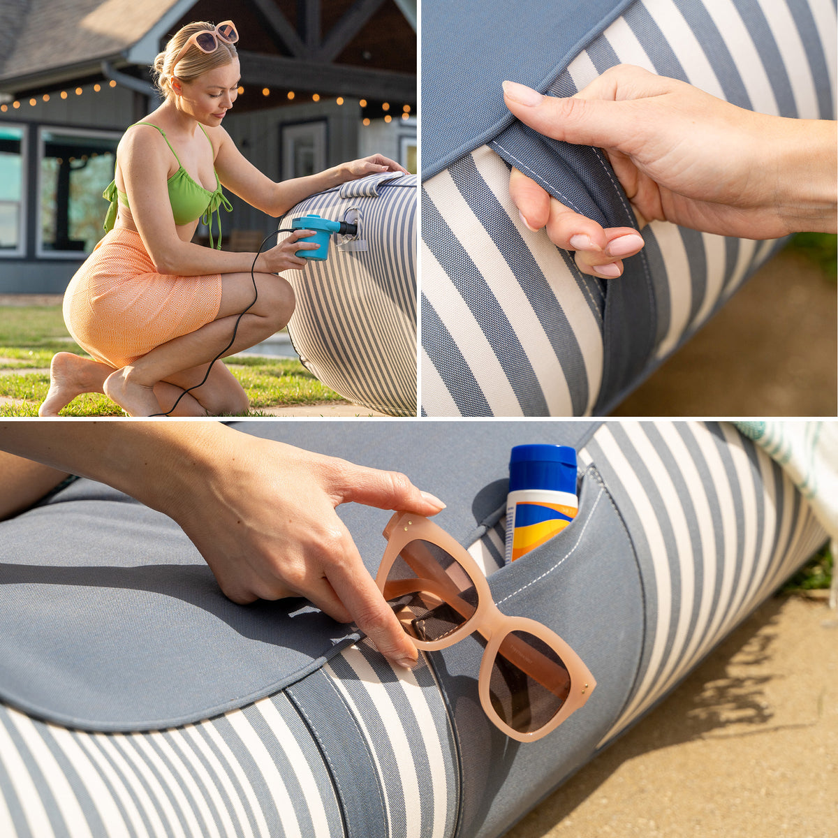 Collage of a woman using a striped bag outdoors, with close-ups of hands interacting with the bag. 