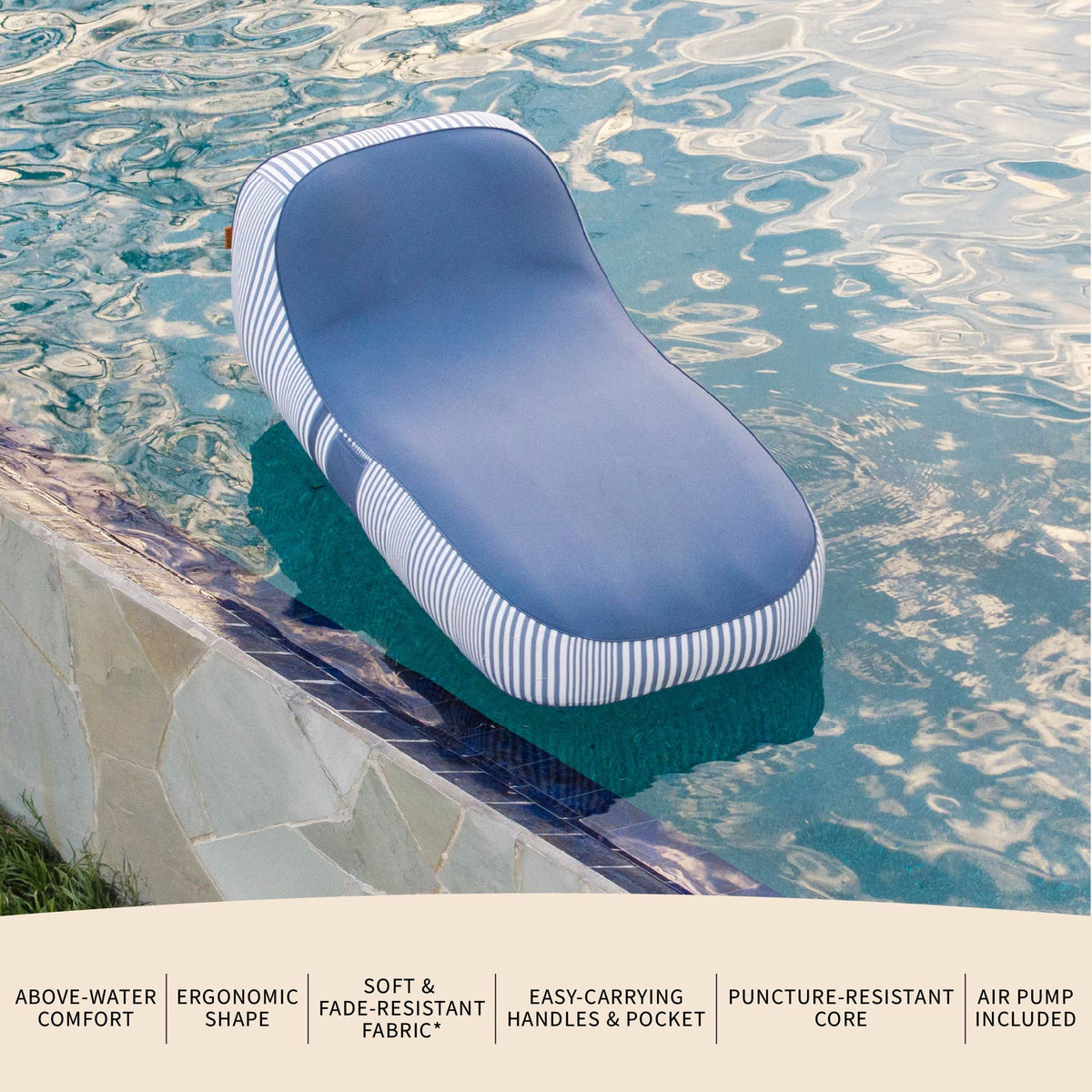 Inflatable lounge chair with striped design in a pool 