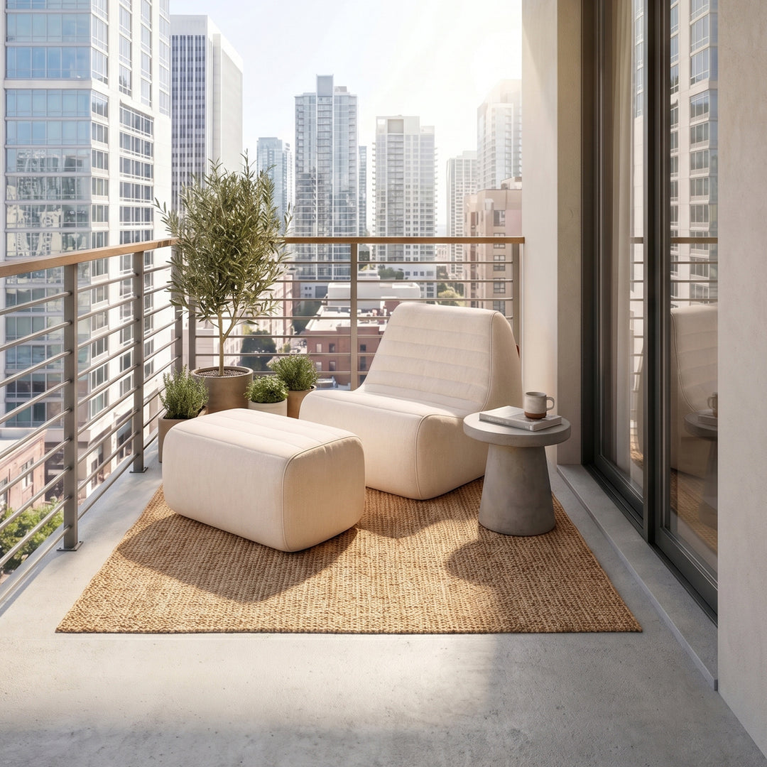 Modern balcony with white chair, ottoman, and small table with city skyline view #color_sunlit-cream-outdoor-performance-linen