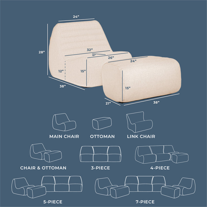 Dimensions and assembly guide for a beige chair and ottoman set on a blue background #color_sunlit-cream-outdoor-performance-linen