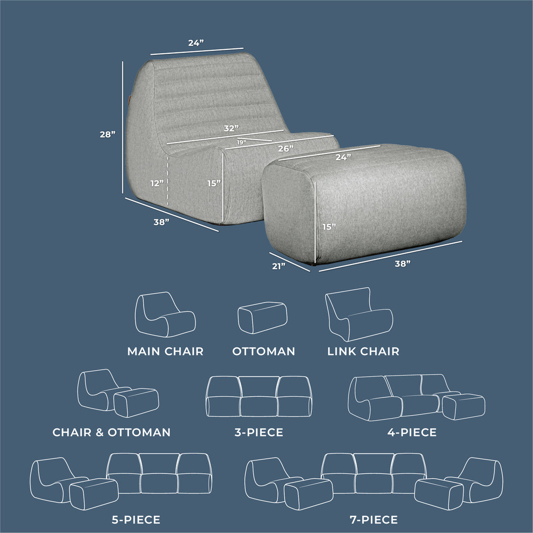 Gray chair, ottoman, and link chair with measurements on a blue background #color_port-gray-outdoor-performance-linen