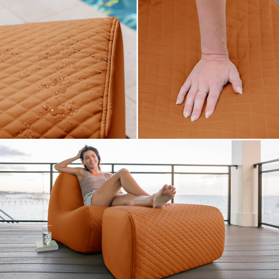 Orange quilted chair and ottoman set with close-up of texture and a person sitting on it. #color_honey-sand-outdoor-vegan-leather