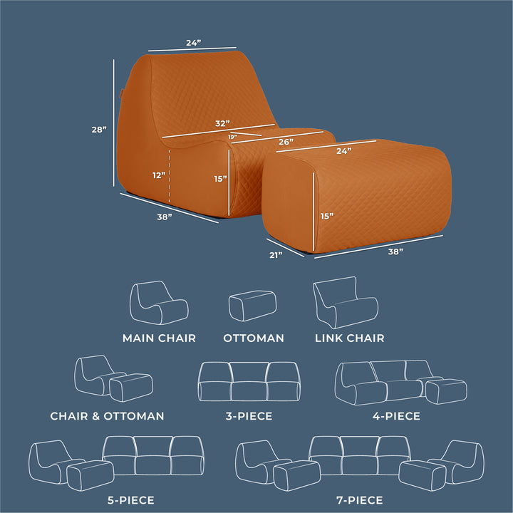 Orange chair and ottoman with dimensions on a blue background, showing different configurations. #color_honey-sand-outdoor-vegan-leather