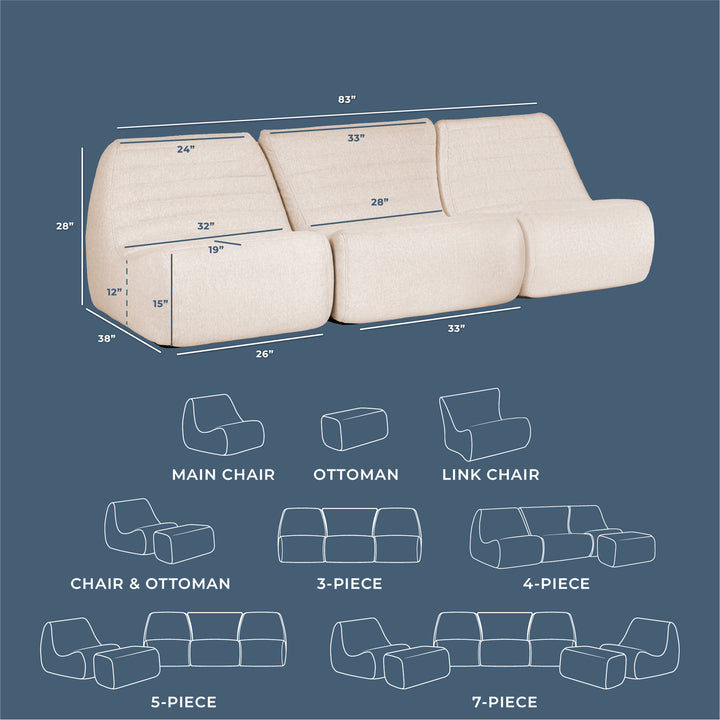 Sofa set with dimensions and layout options on a blue background #color_sunlit-cream-outdoor-performance-linen