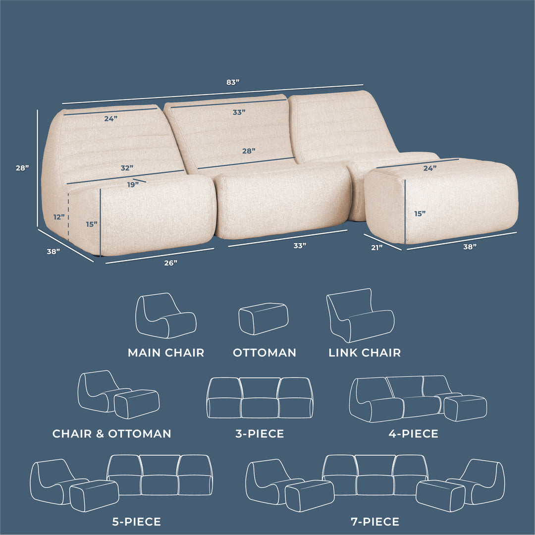 Beige sectional sofa with dimensions and layout diagrams on a blue background #color_sunlit-cream-outdoor-performance-linen