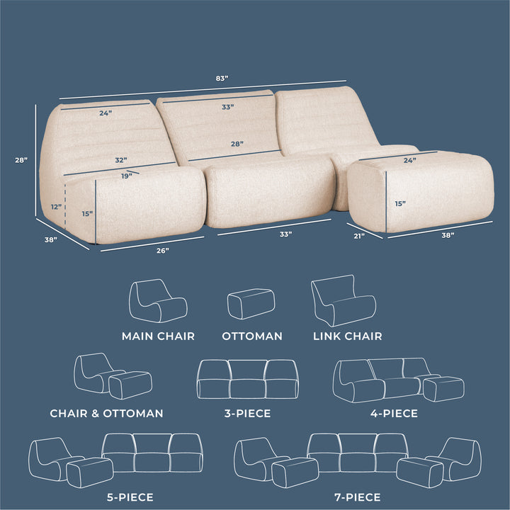 Beige sectional sofa with dimensions and layout diagrams on a blue background #color_sunlit-cream-outdoor-performance-linen